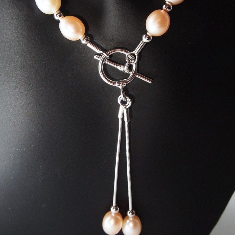 Genuine Peach Color Fresh-Water Pearl - Toggle and Dangle Necklace 16 Inches - Picture 3 of 4